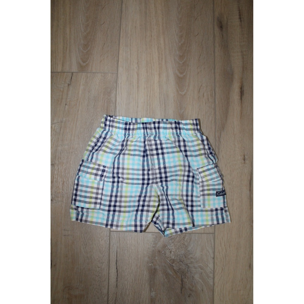 Calvin Klein Baby Boys Plaid‎ Cargo Shorts Blue Green White 24M Elastic Waist